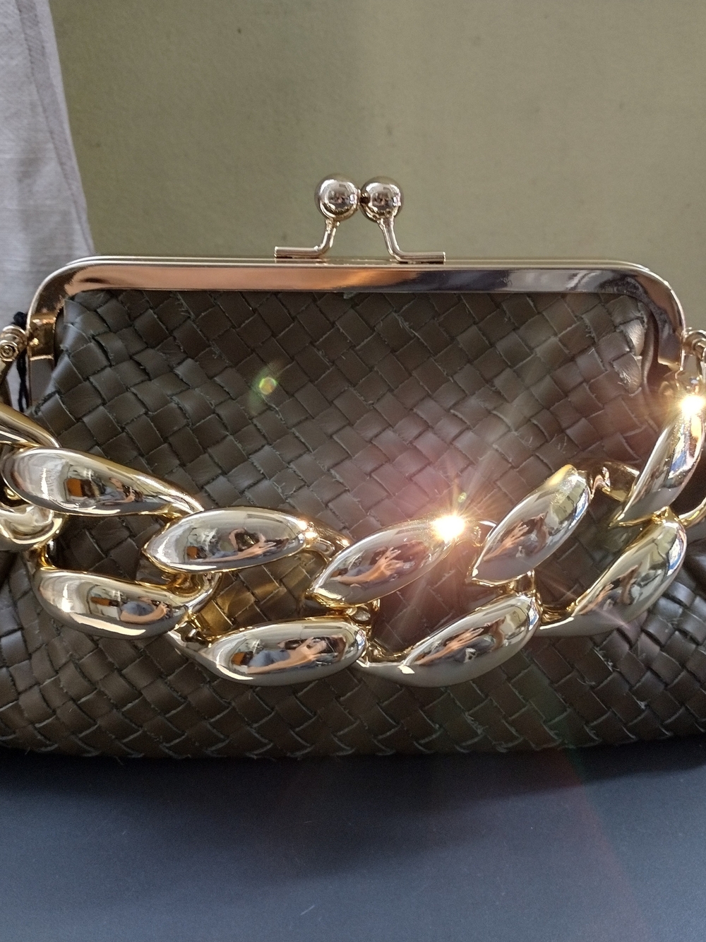 Valentina Fiore Woven Olive Leather Frame Clutch with Gold Accent Chain